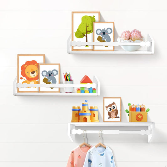 comfoyar Nursery Book Shelves Set of 3, 15.7 Inch Solid Pine Floating Shelves for Wall, Hanging Bookshelf for Kids Boys Girls Baby, Decoration for Bedroom Kitchen Bathroom Playroom, White