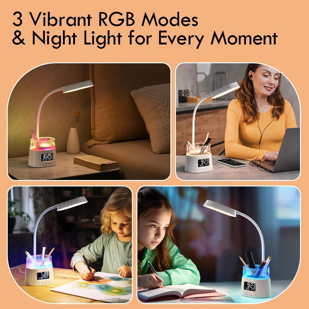 WILIT LED Desk Lamps for Home Office with Pen Holder, Table Lamp for Bedroom with USB Charging Port & Clock, RGB Night Light, Study Lamp for Kids Student, Desk Lamp for College Dorm Room Essentials