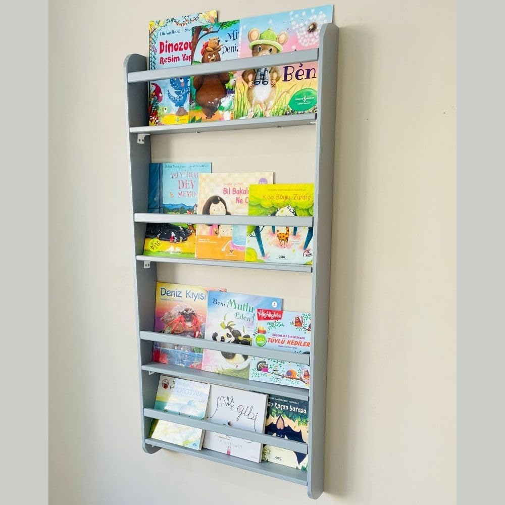 Handmade Solidwood Wall Mounted Montessori Kids Bookshelf, Solid Pine 4 Tier Book Display for Children Bedroom, Nursery Furniture Bookcase, Wood Pine Organiser for Living Room (Gray)