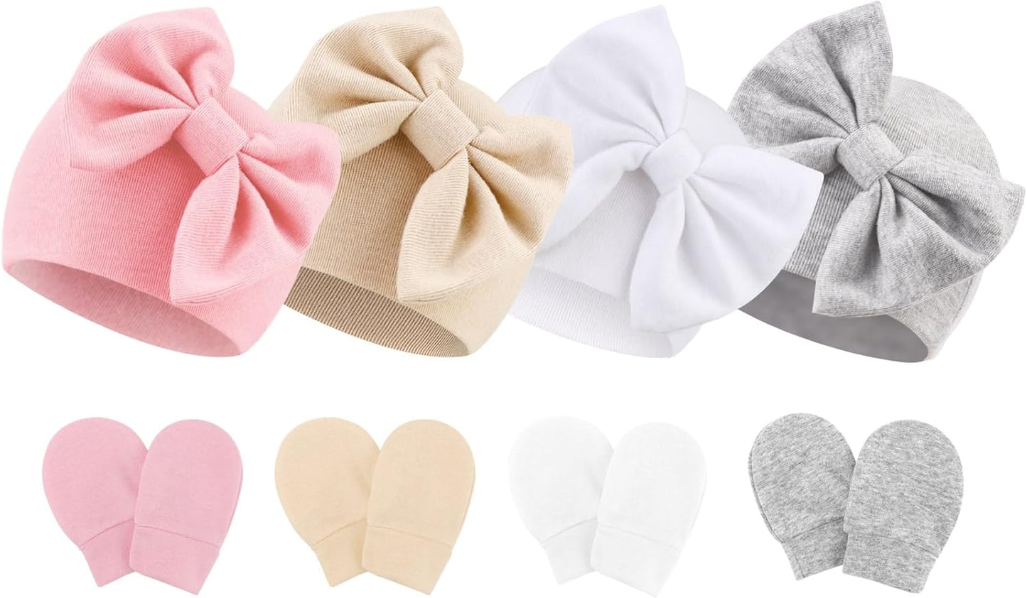 BQUBO Newborn Baby Hats Mittens Set Hospital Hat Beanie Infant Bow Hats Baby Gloves No Scratch Mittens for 0-6 Months