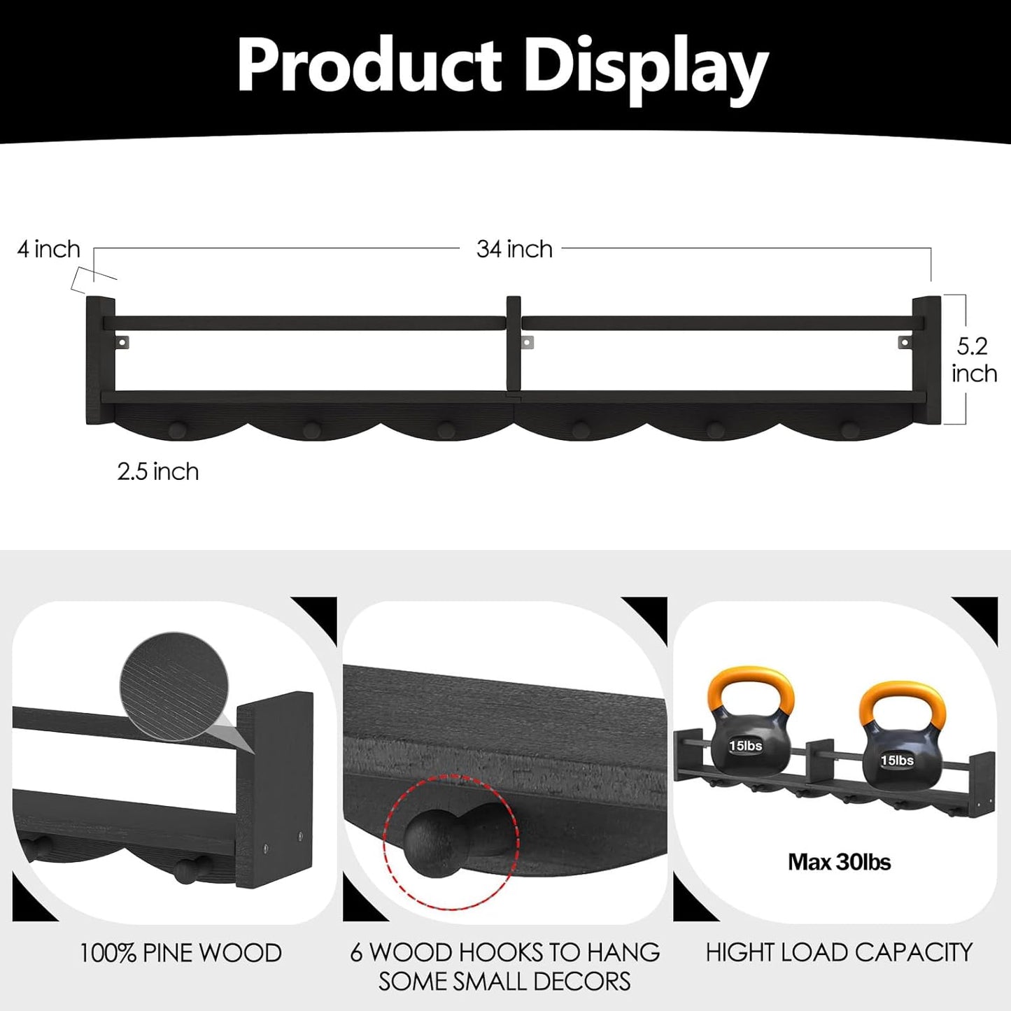 34Inch Nursery Bookshelves,Set of 4,Wall Floating Shelf Kids Coat Rack with 6Hooks,Hanging Book Shelf for Baby Nursery Room Décor ，Patent Number: 29958098(Black, 34)