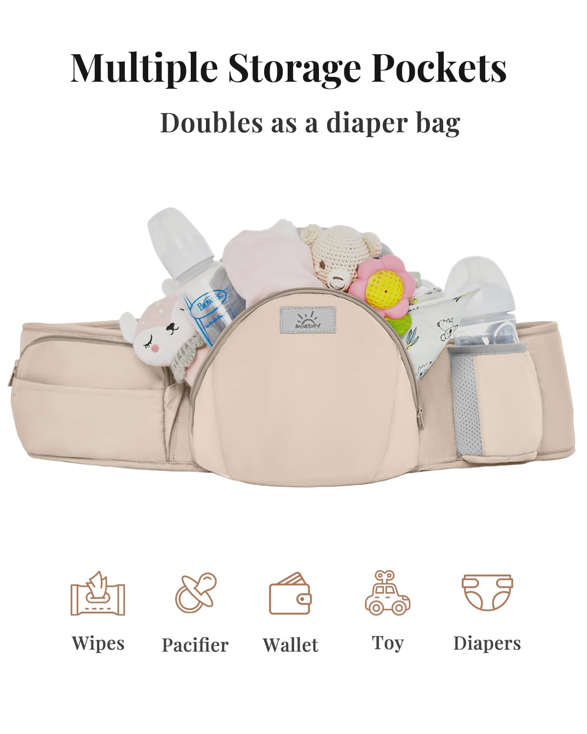Baby Carrier Pro, MOMTORY Safety-Certified 6-in-1 Ultra Storage Baby Carrier Newborn to Toddler, Detachable Baby Holder Carrier with Hip Seat, Ergonomic Cozy Baby Body Carrier for 7-50lbs, Khaki