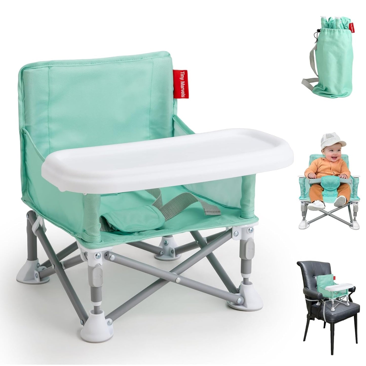 Tiny Marvels Portable 3-in-1 Baby Booster Seat – Cozy Floor Seat, Feeding Seat with Tray, Toddler Booster – Compact, Foldable, Safe with Child Safety Belt Carry Bag – Perfect for Travel & Family Time