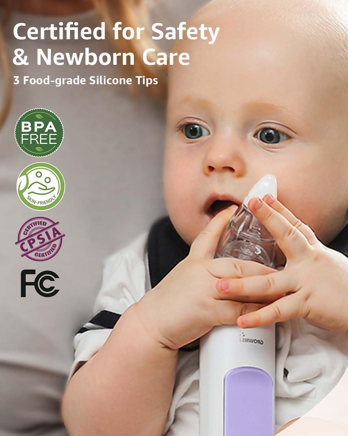 GROWNSY Nasal Aspirator for Baby, Electric Baby Nose Sucker, Automatic Nose Cleaner with Larger Suction Chamber and More Powerful Suction, Music and Light Soothing Function, Purple