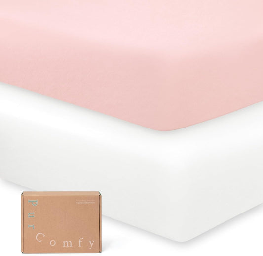 Supersoft Pack and Play Sheets Fitted, Premium Bamboo Viscose Mini Crib Sheets, Pack N Play Mattress Sheets, Graco Playard Baby Sheets Neutral for Boys Girls, 5'' Deep Pocket 2-Pack