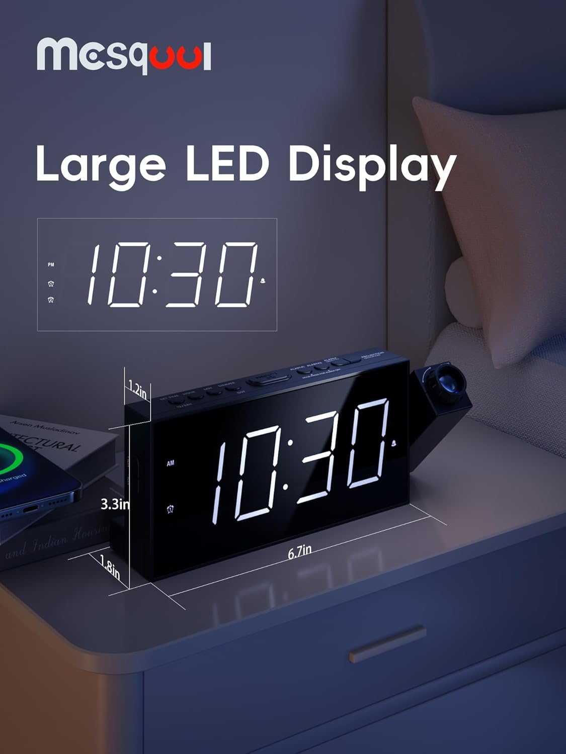Projection Digital Alarm Clock with Bed Shaker for Bedroom, Extra Loud Alarm Clock for Heavy Sleeper, 180° Rotable Ceiling Projector Clock,2 Alarm,5 Dimmer Volume,USB Charger, Battery Backup,12/24H…