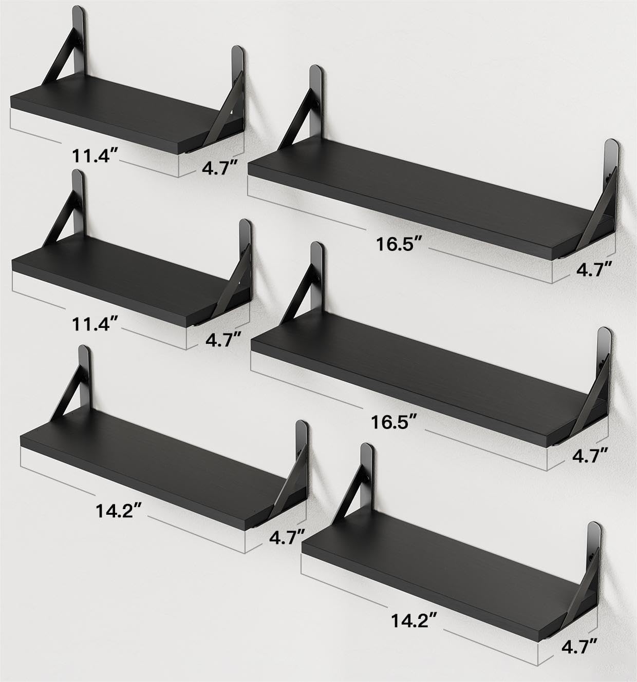 AMADA HOMEFURNISHING Wall Shelves Set of 6, Wood Floating Shelves for Decor, Rustic Farmhouse for Bedroom, Bathroom Storage, Book Shelves for Living Room, Black