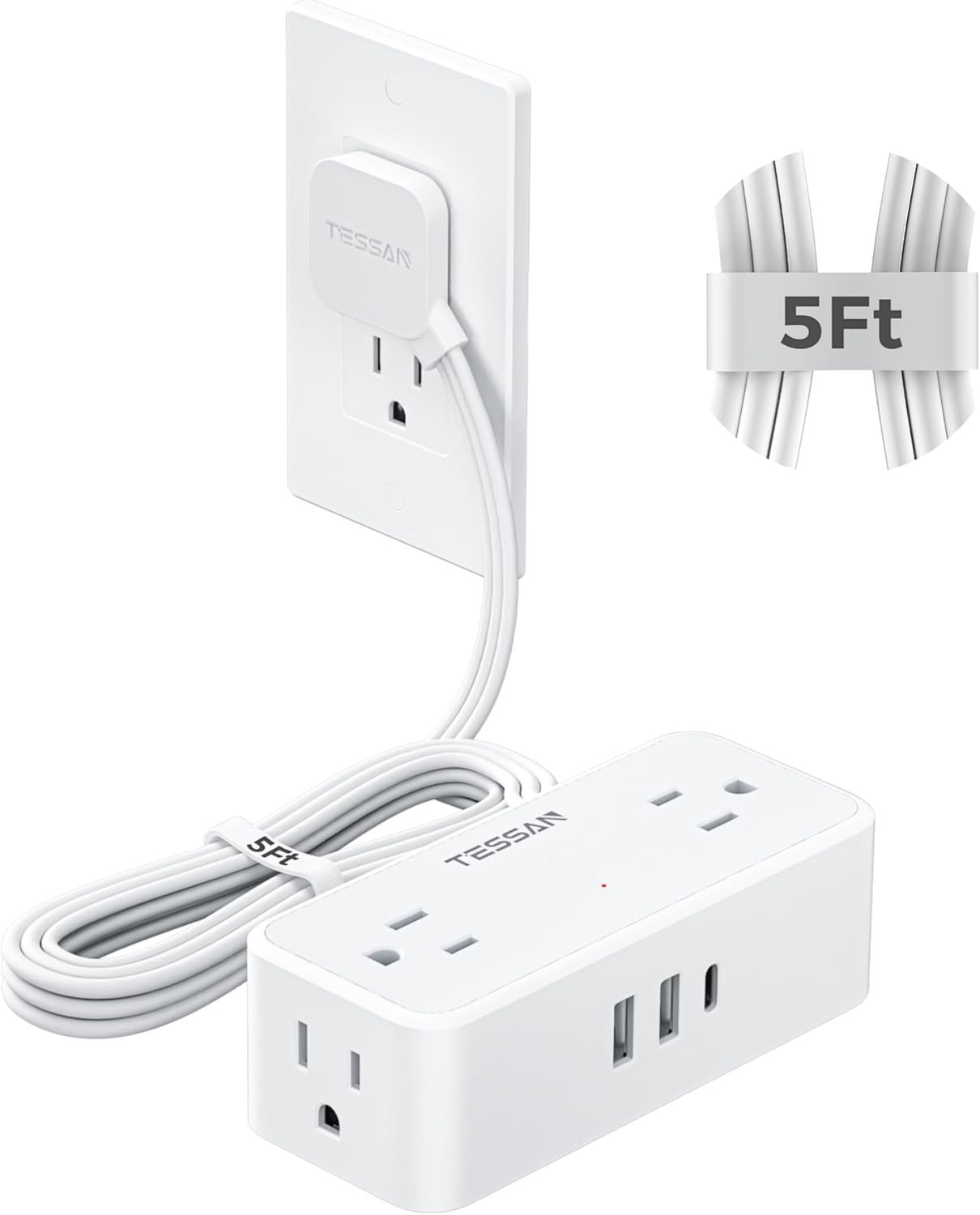 TESSAN 5 FT White Extension Cord, 900J Surge Protector Small Power Strip with 3 USB Ports (1 USB C), Flat Plug Power Strip, Mini Charging Station Suitable for Home Office Dorm
