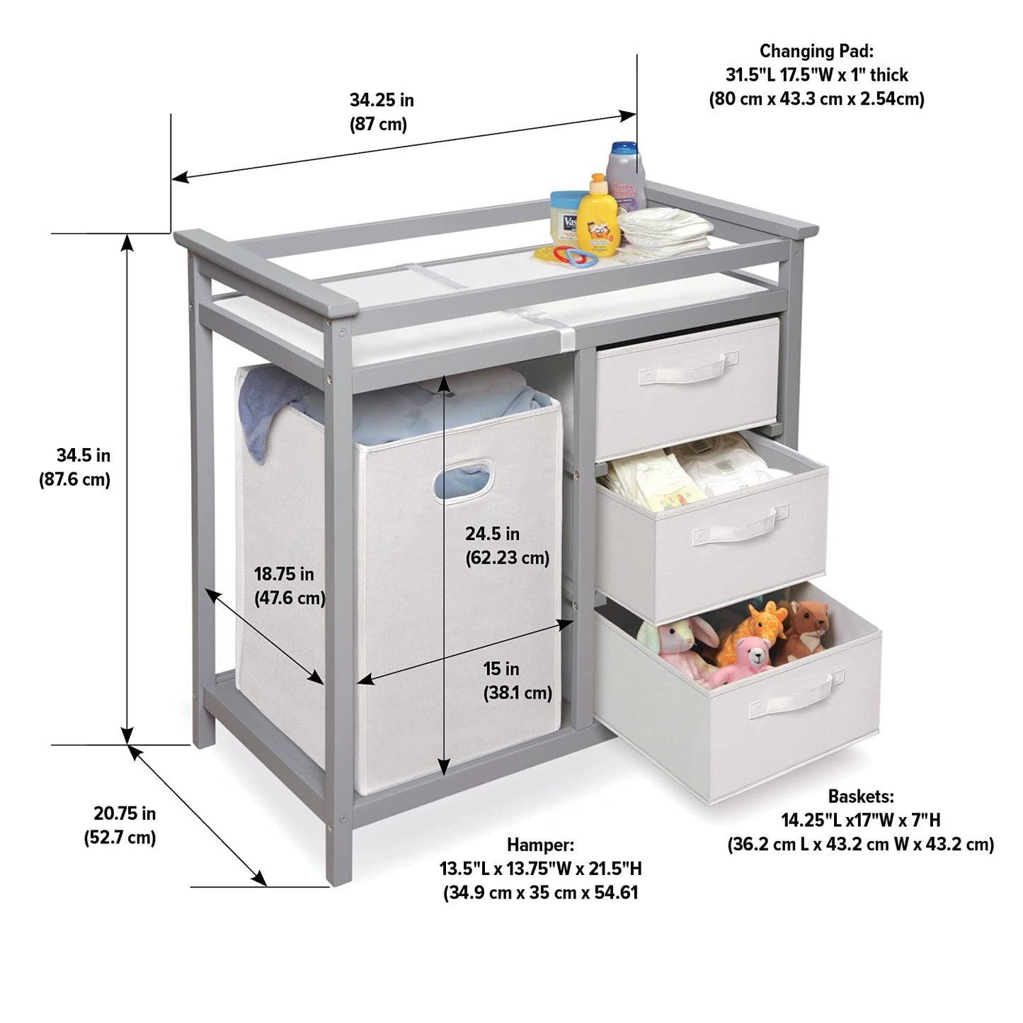 Badger Basket Modern Baby Changing Table - Nursery Furniture with Laundry Hamper and 3 Storage Drawers - Diaper Changing Station with Safety Belt, Changing Pad, Organizer Baskets - Cool Gray and White