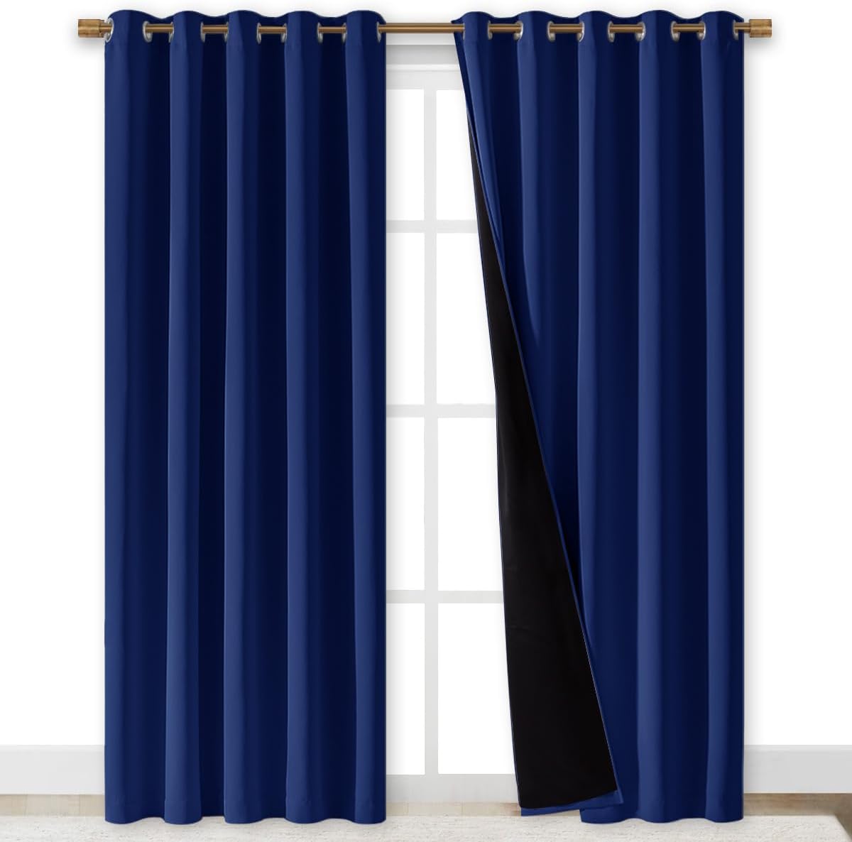 NICETOWN 100% Blackout Window Curtain Panels, Royal Blue, 2 PCs, 62" Wide Each Panel, Cold and Full Light Blocking Drapes with Black Liner for Nursery, 84 inches Drop Thermal Insulated Draperies