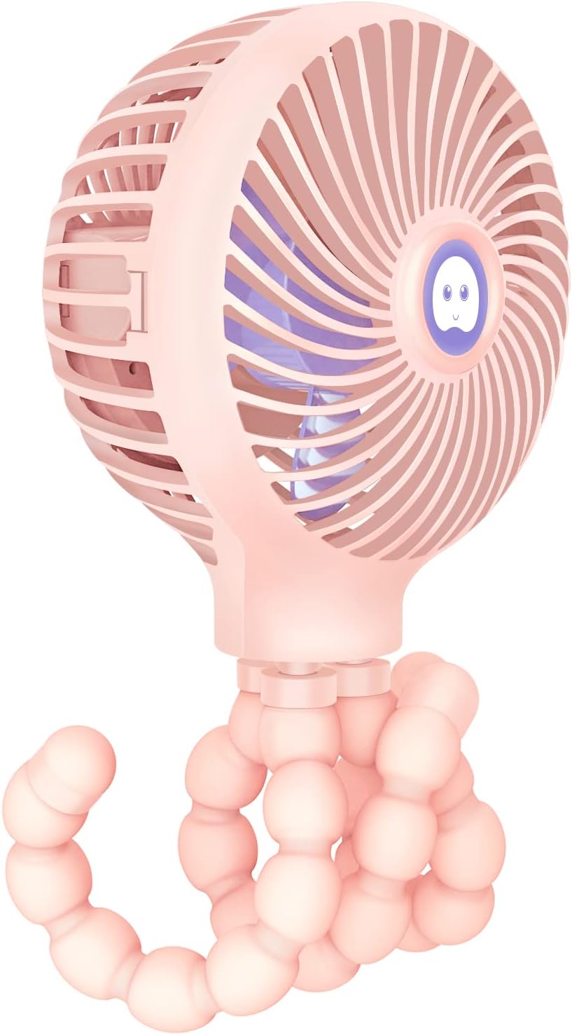 TRELC Mini Stroller Fan, 19H Ultra-long Battery Life, Personal Handheld Clip on Portable Rechargeable Fan with Flexible Tripod, Gift for Children Baby Office Room Car Travel BBQ Gym (Pink)