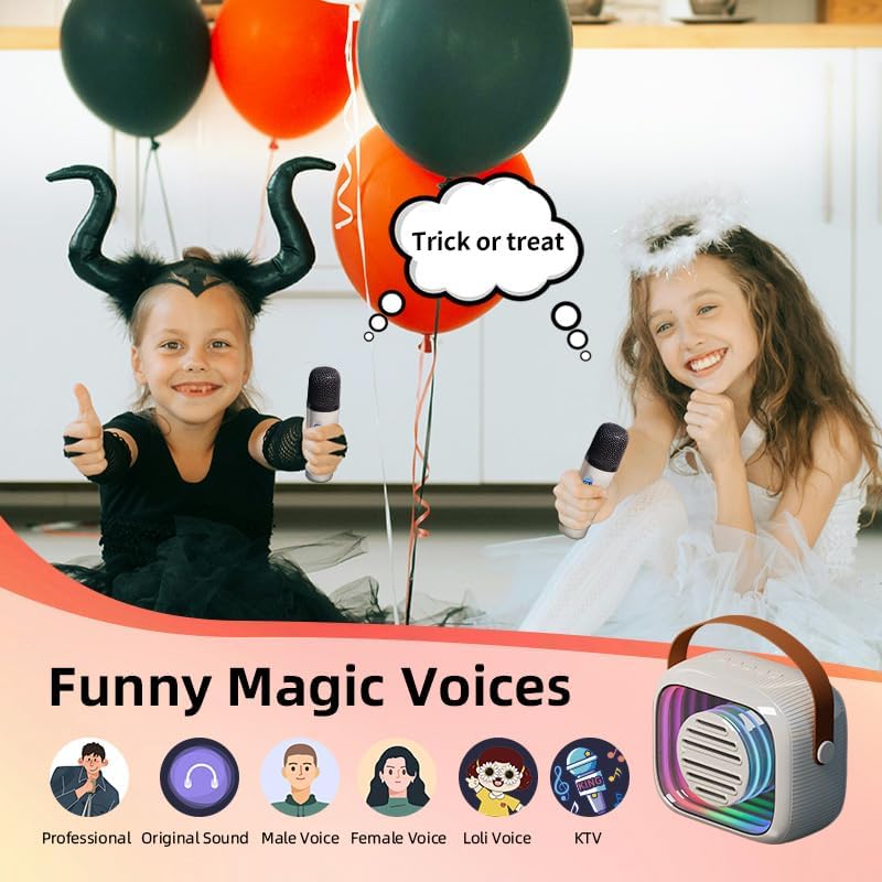 YF93 Mini Karaoke Machine for Kids with Bluetooth Speaker, 7 Voice-Changing Modes, Colorful LED Mirror Lights, TF Card Support, Rechargeable 2200mAh Battery, Portable Singing Gift for Children(Beige)