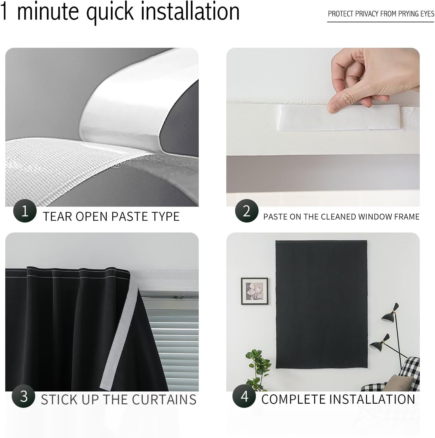 Adhesive Blackout Curtains- Self Stick Shades Window Blinds Curtains No Rod Needed Easy to Hang Curtains, Use for Bedroom, Living Room, Dining Room, Kitchen, Home Office, 59"W X 59"L, Black, 1 Panel