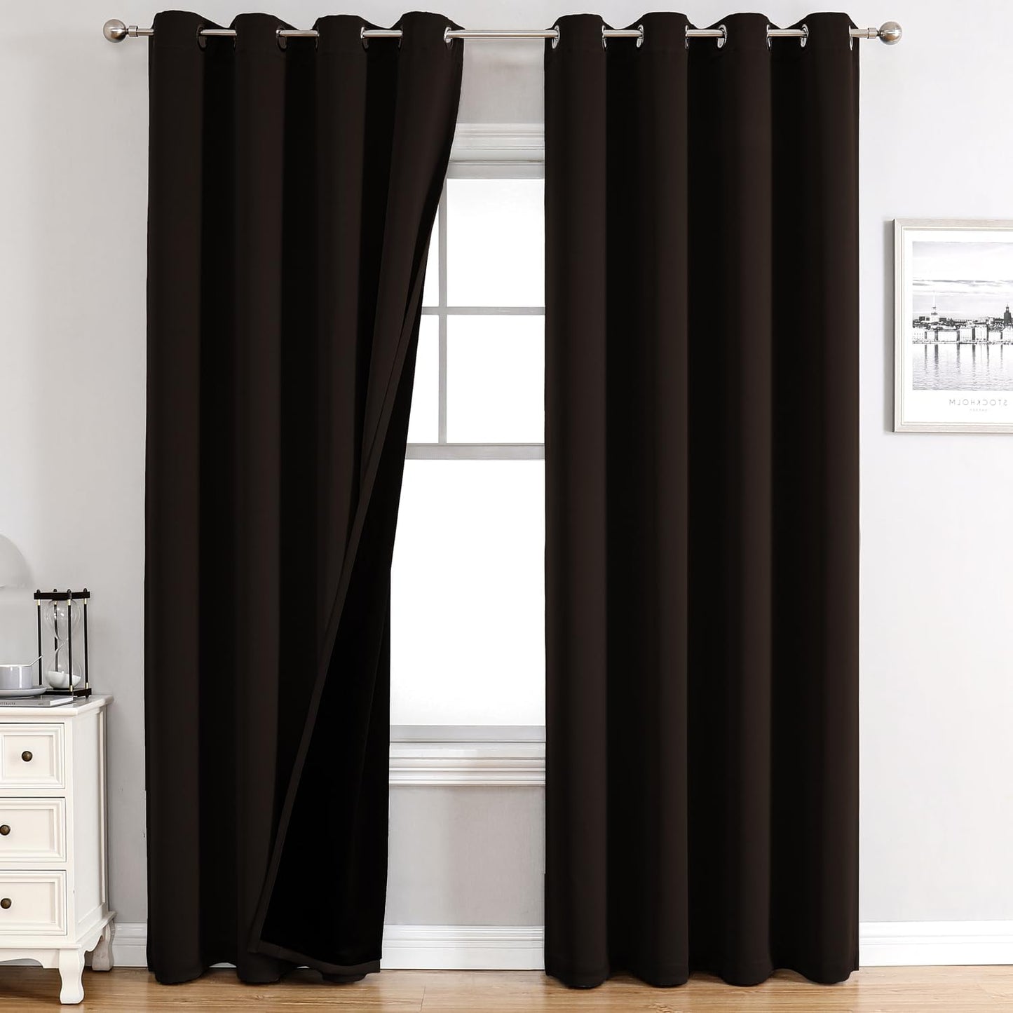 ChrisDowa 100% Blackout Curtains 90 inch Long for Bedroom with Black Liner, 2 Thick Layers Total Blackout Thermal Insulated Grommet Long Window Curtains 2 Panels Set (Brown, 52 x 90 Inch)
