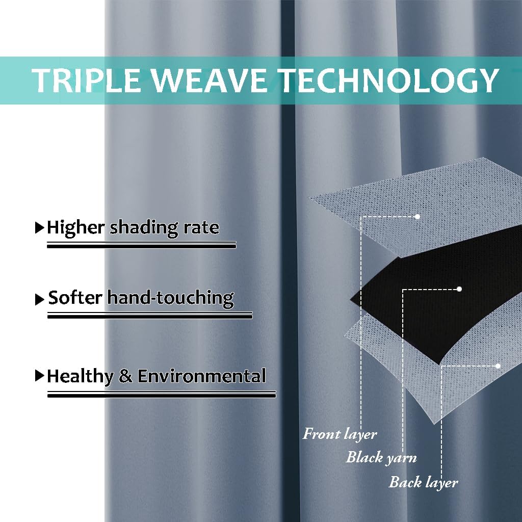 NICETOWN 100% Blackout Window Curtain Panels, Vintage Blue, 2 Pieces, 62-inch Wide Per Panel, Full Light Blocking Drapes with Black Liner for Nursery, 72-inch Drop Thermal Insulated Draperies