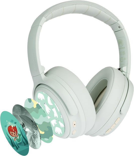 BuddyPhones Cosmos Fun | Wired or Wireless Foldable ANC Bluetooth Headphones + Microphone - SafeAudio Volume-Limiting Options, for Toddlers to Young Adults (Green)