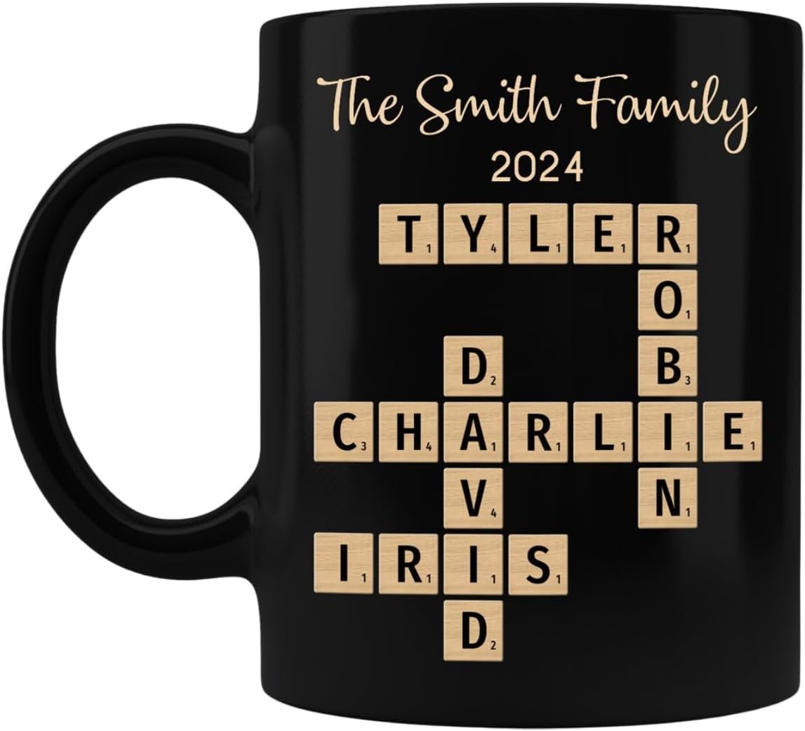 Family Forever Linked Together Custom Names Ceramic Mug, Crossword Puzzle Art, for Birthday, Anniversary or Special Occasions (Family Forever Linked Together Black Mug)