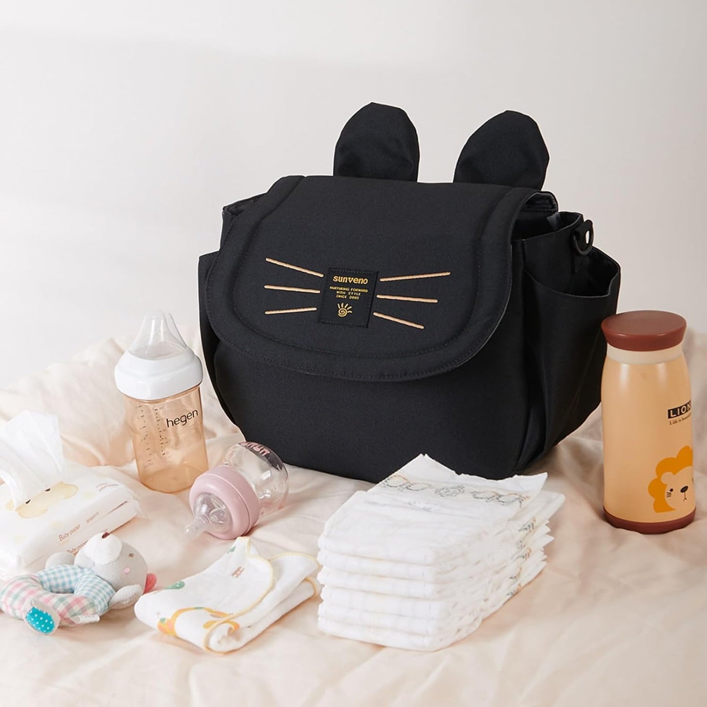 SUNVENO Universal Stroller Organizer with Cup Holder and Shoulder Strap, Cute Cartoon Cat Design, Diaper Bag with Multiple Inner Pockets, Fits Uppababy, Baby Jogger, Britax & Pet Strollers,Black
