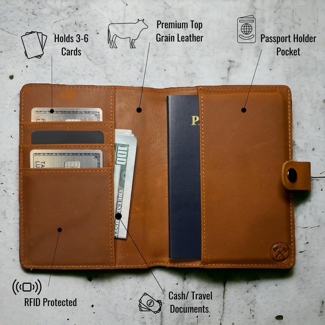 Genuine Leather AirTag and Moto Tag Passport Holder and Wallet for Men and Women RFID Blocking for Secure Traveling and Documentation Organizer (Brown)