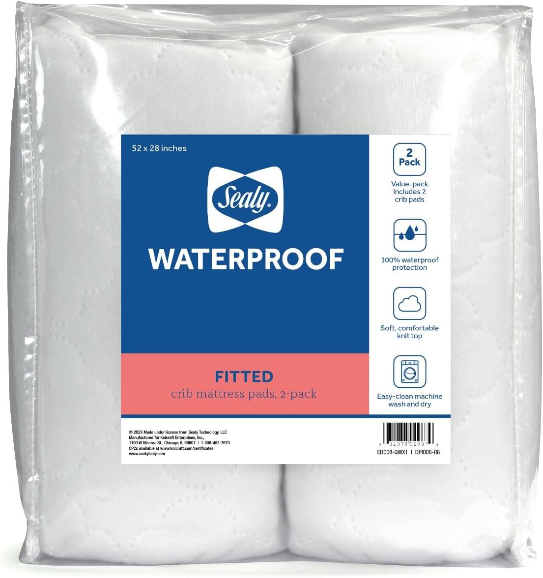 Sealy Baby 2-PACK Fitted Waterproof Infant Crib Mattress Protector Pad and Toddler Bed Cover, Durable and Comfortable Topper, Machine Washable and Dryer Friendly, 52x28”- White