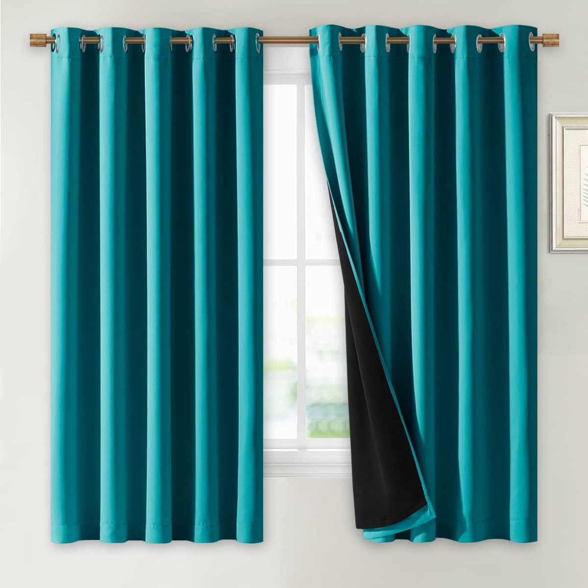 NICETOWN Peacock Teal 100% Blackout Lined Curtains, 2 Thick Layers Completely Blackout Window Treatment Thermal Insulated Drapes for Kitchen/Bedroom (1 Pair, 70" Width x 63" Length Each Panel)