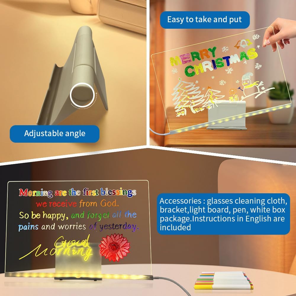 LED Note Board with Colors, 7 Colors Acrylic Message Board with Light, LED Drawing Board Gifts for Kids, Dry Erase Board with Adjustable Stand for Office School Home Decor (7.87 * 11.81 in)