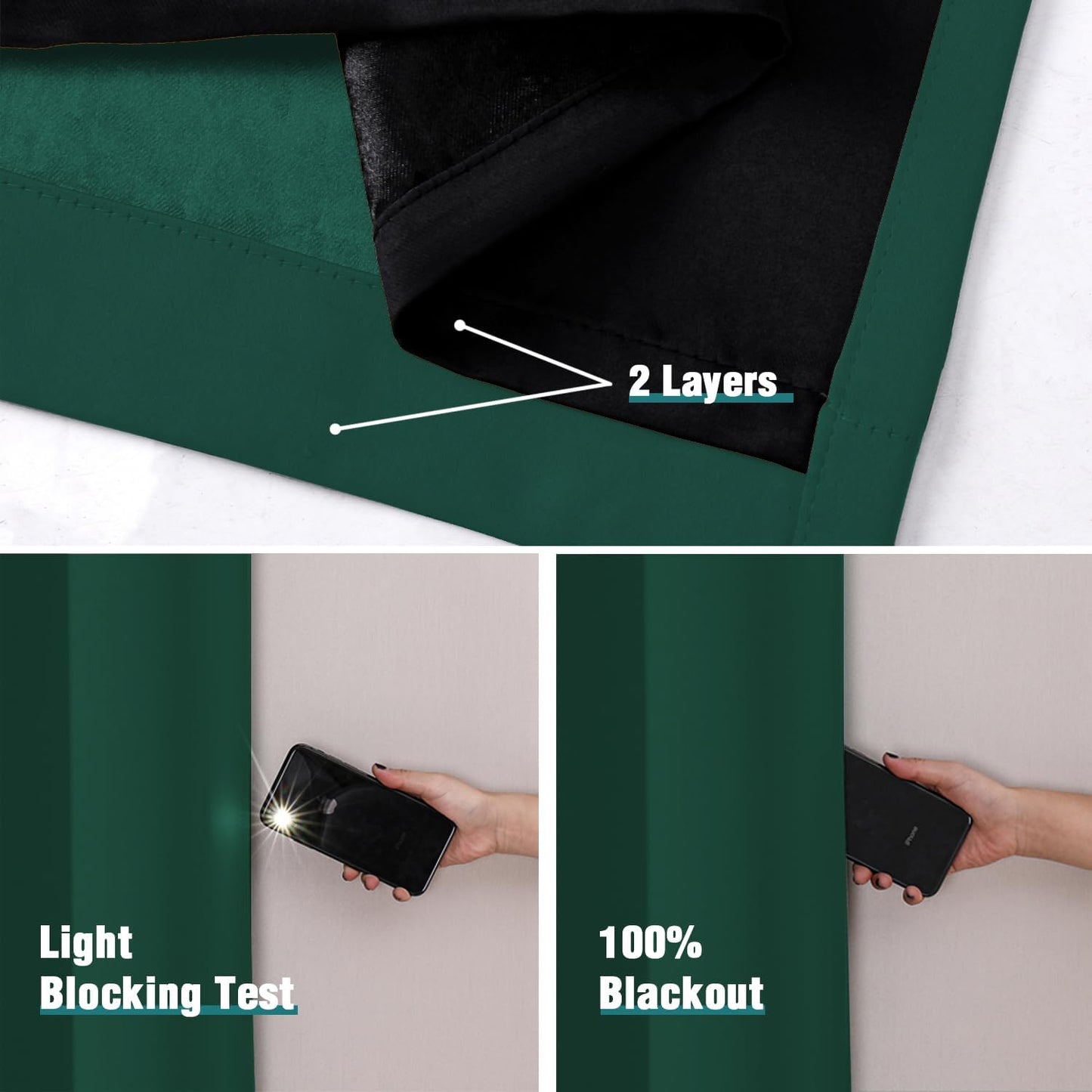 ChrisDowa 100% Blackout Curtains for Bedroom with Black Liner, 2 Thick Layers Total Blackout Thermal Insulated Grommet Window Curtains 2 Panels Set (Forest Green, 52 x 54 Inch)