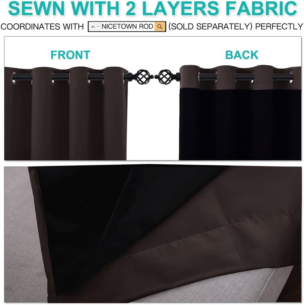 NICETOWN Cold Blocking 100% Blackout Curtains, Durable Black Lined Blackout Curtains for Bedroom, Energy Saving Long Curtains for Patio Sliding Glass Door, Brown, 70 inches x 95 inches, 2 PCs