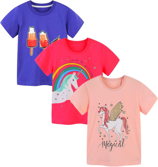 HILEELANG Girls' Tees Ruffle Short Sleeve T-Shirt Cotton Casual Graphic Summer Crewneck Tunic Tops