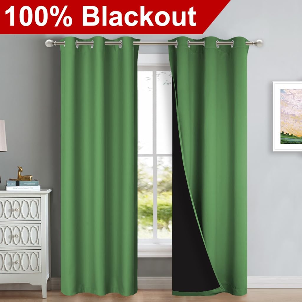 NICETOWN Blackout Curtains 84 inches Long, 2 Pieces, 42" Wide Each Panel, Forest Green, Full Light Blocking Drapes with Black Liner for Nursery, Thermal Insulated Draperies for Hall, Villa