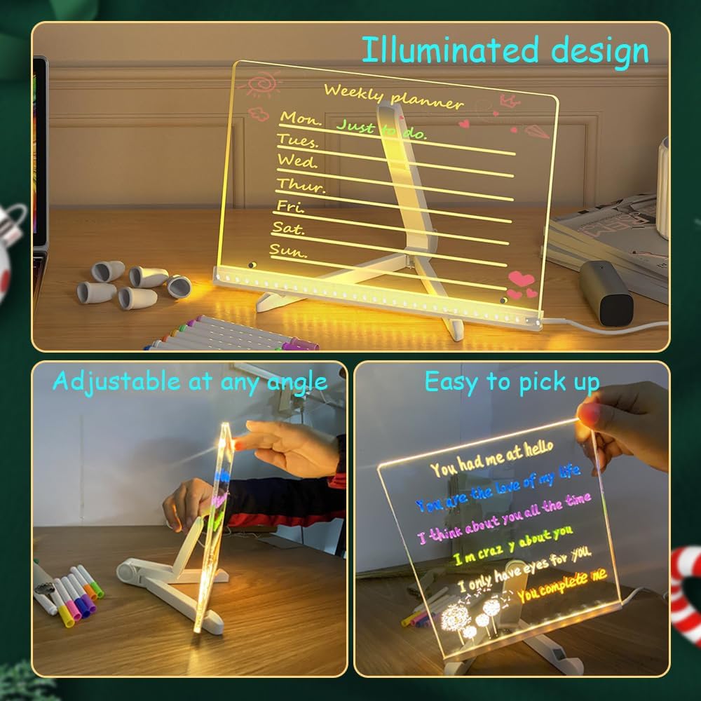 LED Note Board with Colorful, Lighted Acrylic Dry Erase Board, Adjustable Stand and 7 Pens (7.9' X 7.9')