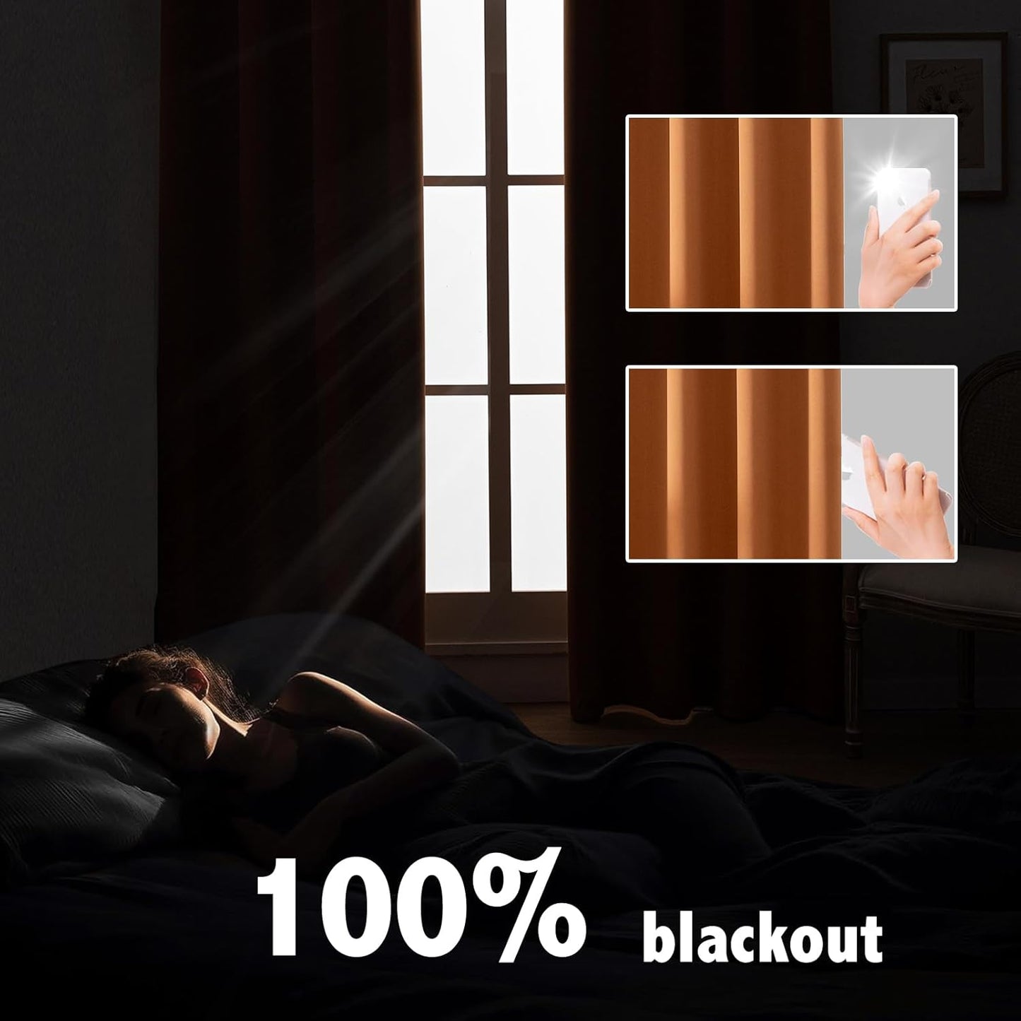 Anytime 100% Blackout Curtain Set, Thermal Insulated & Energy Efficiency Window Draperies for Guest Room, Full Shading Panels for Shift Worker and Light Sleepers（Orange, 2 Panels, 52W x 72L）
