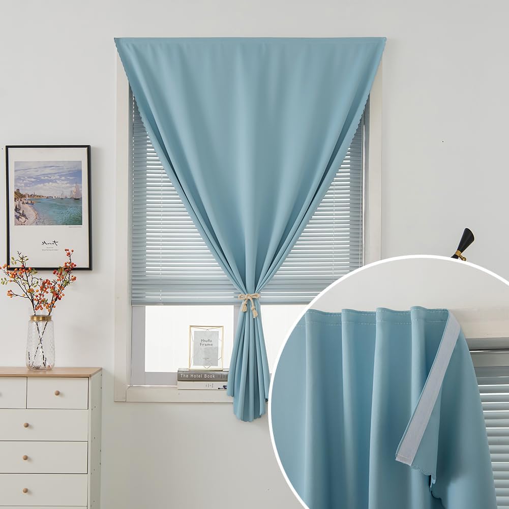 Self Adhesive Curtains, Black Out Shade for Window, Blackout Fabric Temporary Window Coverings Easy to Hang Curtains No Rod Needed, Use for Bedroom, Room, Kitchen, 35" W X 79" L, Lake Blue, 1 Panel