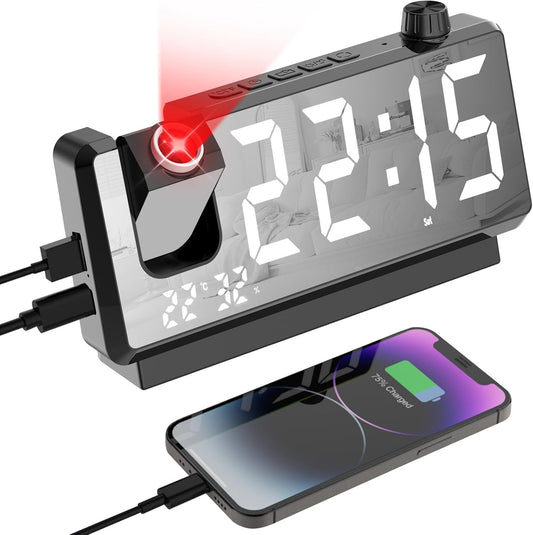 GuDoQi Projection Alarm Clock for Bedroom, Digital Clock with 180° Projector, 7" Large LED Display, Dual Alarms, Temperature&Humidity Display, Dual USB Port, 12/24H, Snooze, for Heavy Sleepers, Black