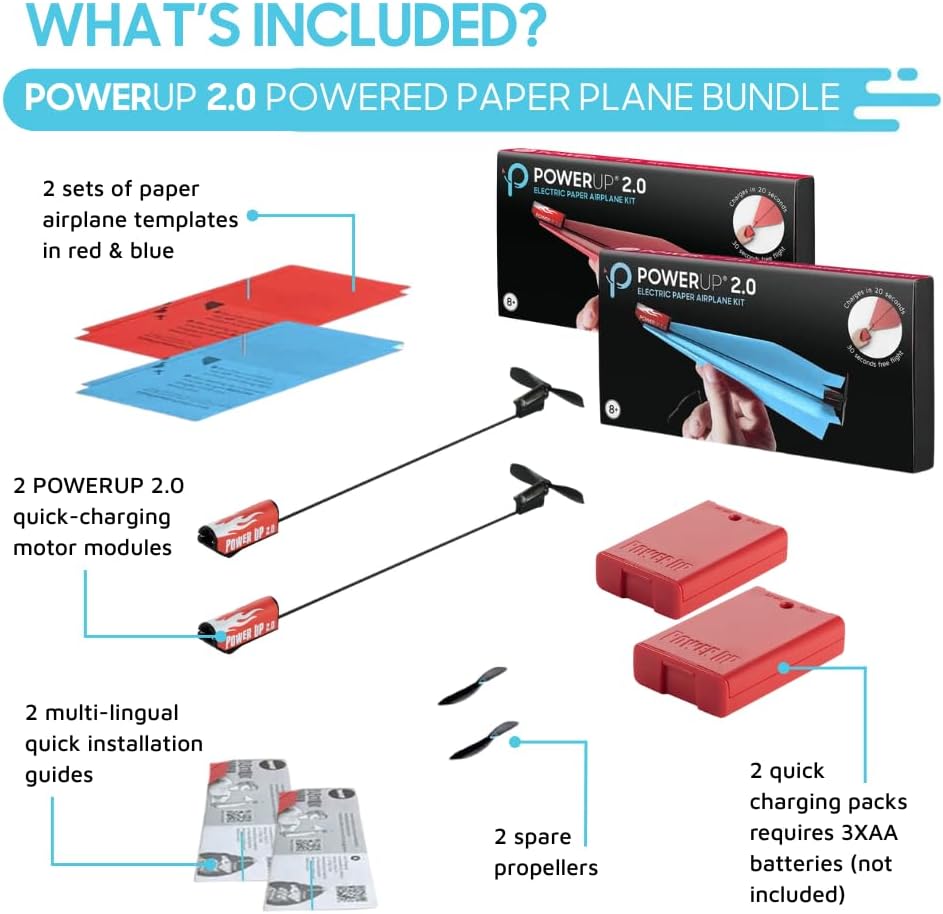 POWERUP 2.0 Paper Airplane Conversion Kit (2 Pack – Red & Blue) – Electric Motor Engine for Paper Planes | Fly Over 30 Seconds | STEM Toy for Kids & Adults, Durable Carbon Fiber Propeller