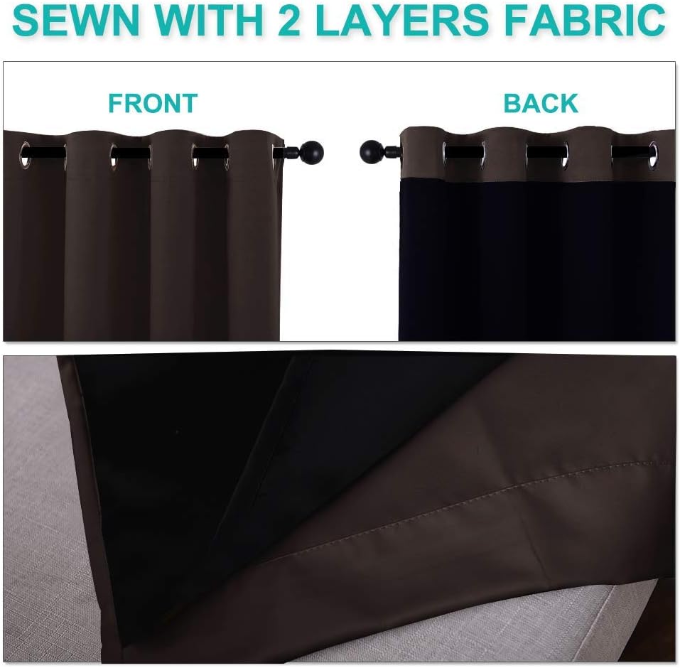 NICETOWN 100% Blackout Window Curtain Panels, Brown, 2 PCs, 62" Wide Each Panel, Cold and Full Light Blocking Drapes with Black Liner for Nursery, 84 inches Drop Thermal Insulated Draperies