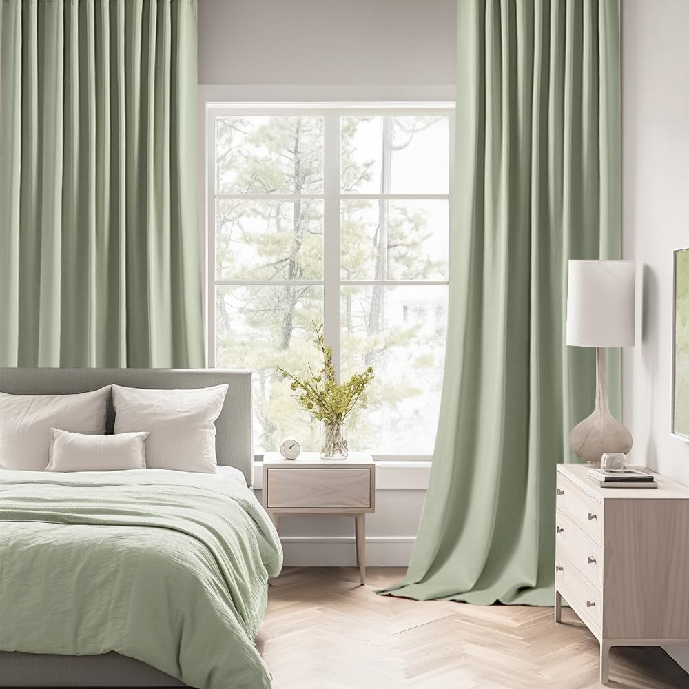 MIULEE Sage Green Back Tab Blackout Curtains 63 Inch Length 2 Panels Set for Living Room Bedroom Privacy, Rod Pocket/Pinch Pleat Thermal Insulated Room Darkening Pleated Light Blocking Drapes