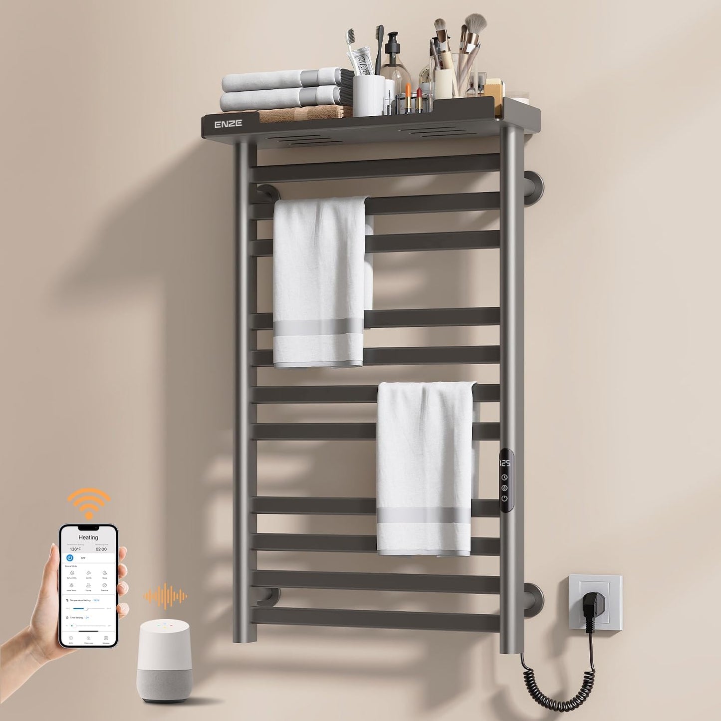 ENZE Heated Towel Rack with Shelf and Wi-Fi App Control, 11 Bars Electric Wall Mounted Towel Warmer with Timer & Adjustable Temperature, Low Carbon Steel, Plug-in/Hardwired, Gray