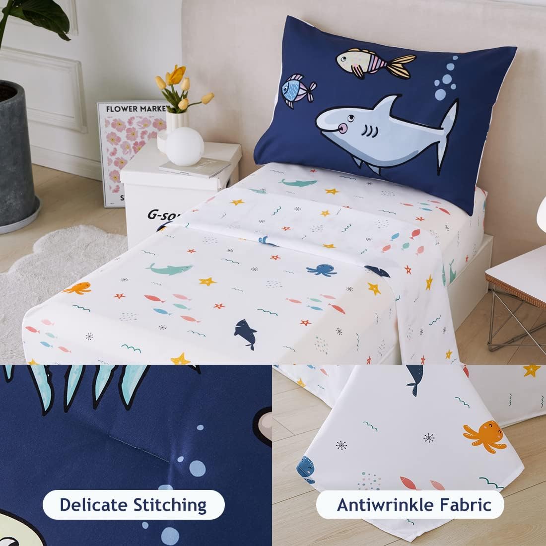 PERFEMET Kids Comforter Sets Boys Full Size-5 Piece Bed in A Bag Navy Blue Ocean Themed Comforter-Soft Reversible Cartoon Fish Shark Bedding Set for Girls Teens(Navy Blue, Ocean)