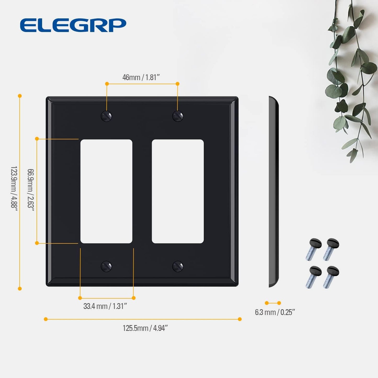 ELEGRP Glossy Black 2-Gang Decorative Wall Plates, Mid-Size 4.88" H x 4.94" L Unbreakable Thermoplastic Faceplate Cover for Decorator Receptacle Outlet Switch, UL Listed (5 Pack)