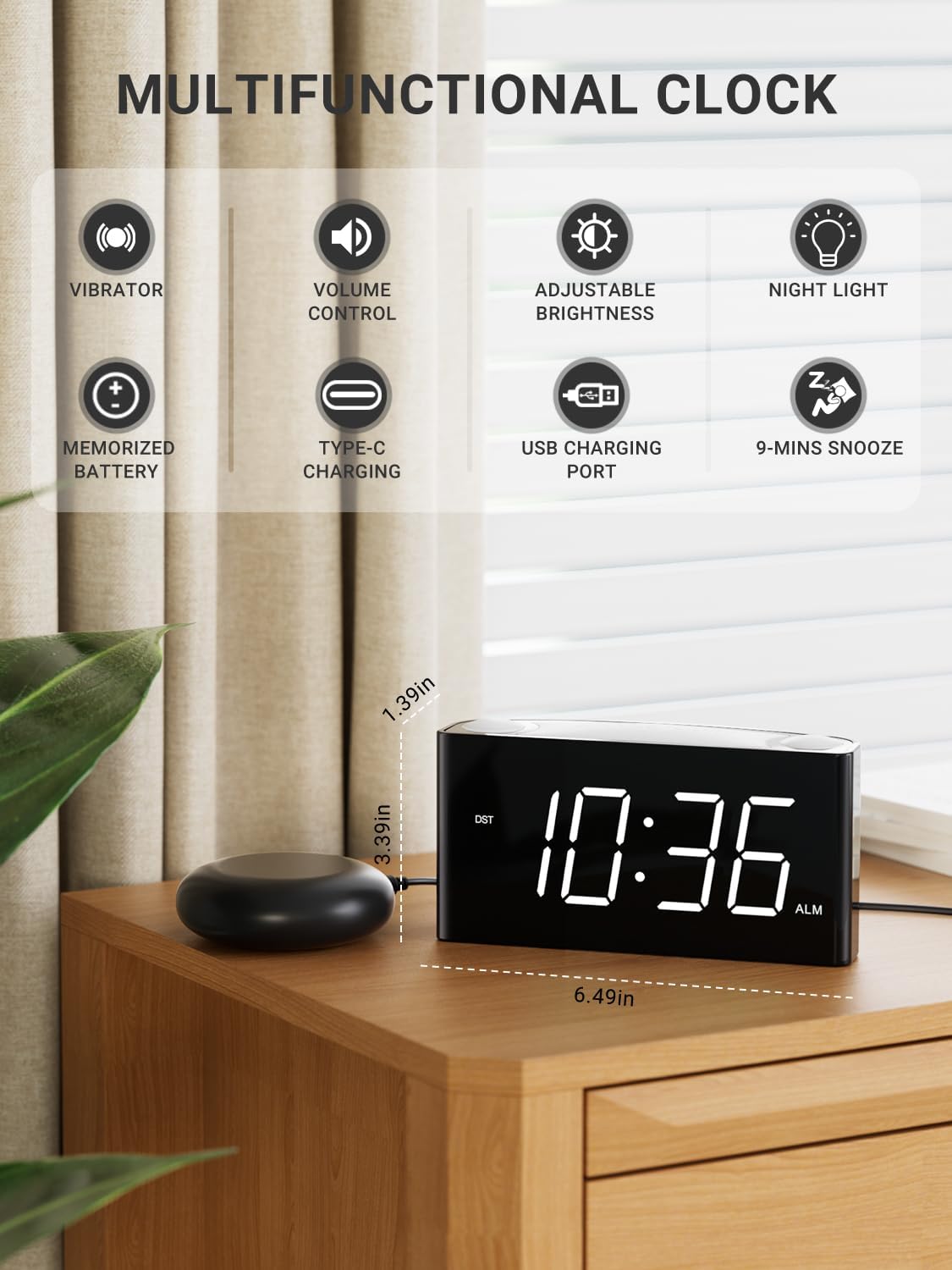 Vibrating Alarm Clock,PPLEE Loud Alarm Clock for Heavy Sleepers Hearing Impaired Deaf Teens,Bed Shaker Alarm Clocks for Bedrooms,5 dimmable,7 Color Night Light,USB charging,Type-C Charger,Memory Alarm
