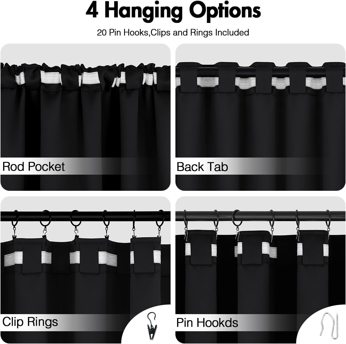 ANRODUO Back Tab Blackout Curtains for Bedroom Living Room, Rod Pocket Pinch Pleated Thermal Insulated Room Darkening Curtains 90 Inches Long 2 Panels, Black, 42 x 90 Inch