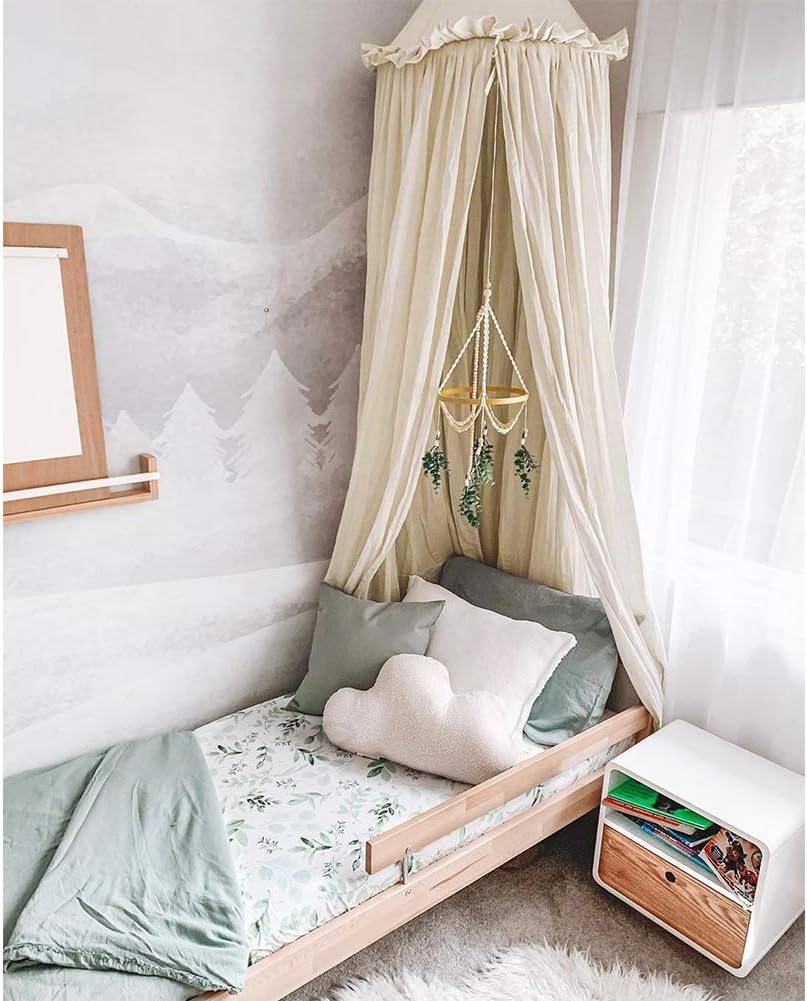 Kids Bed Canopy with Frills Cotton Cover Net for Crib Reading Nook Curtain Hideaway Hanging Round Tent Nursery Bedding Play Room Decor