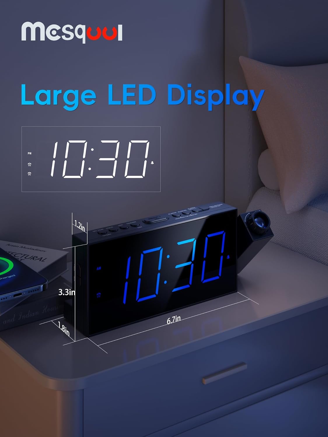 Mesqool Projection Alarm Clock, Loud Vibrating Alarm Clock for Heavy Sleepers, Adjustable Projection Brightness,Hearing Impaired & Deaf People, Digital Alarm Clock with USB Charging Port