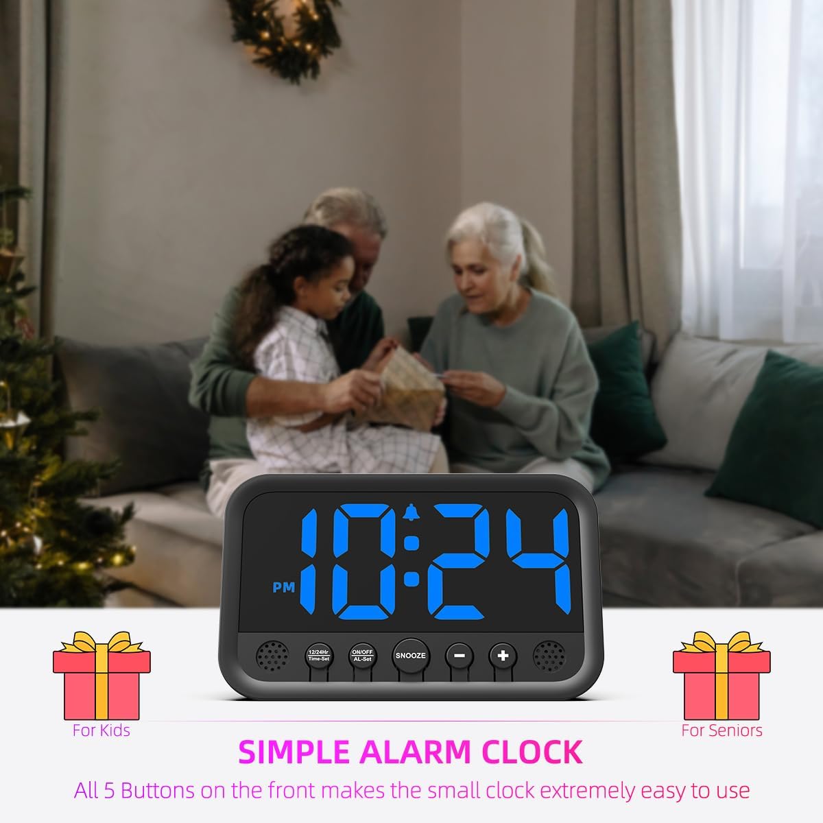 Small LED Digital Clock for Bedroom, Loud Alarm Clock for Heavy Sleepers Adults, Teens | Plug-In Electric Desk Clock | Simple Bedside Nightstand Clock with Adjustable Volume/Brightness/Snooze – Blue