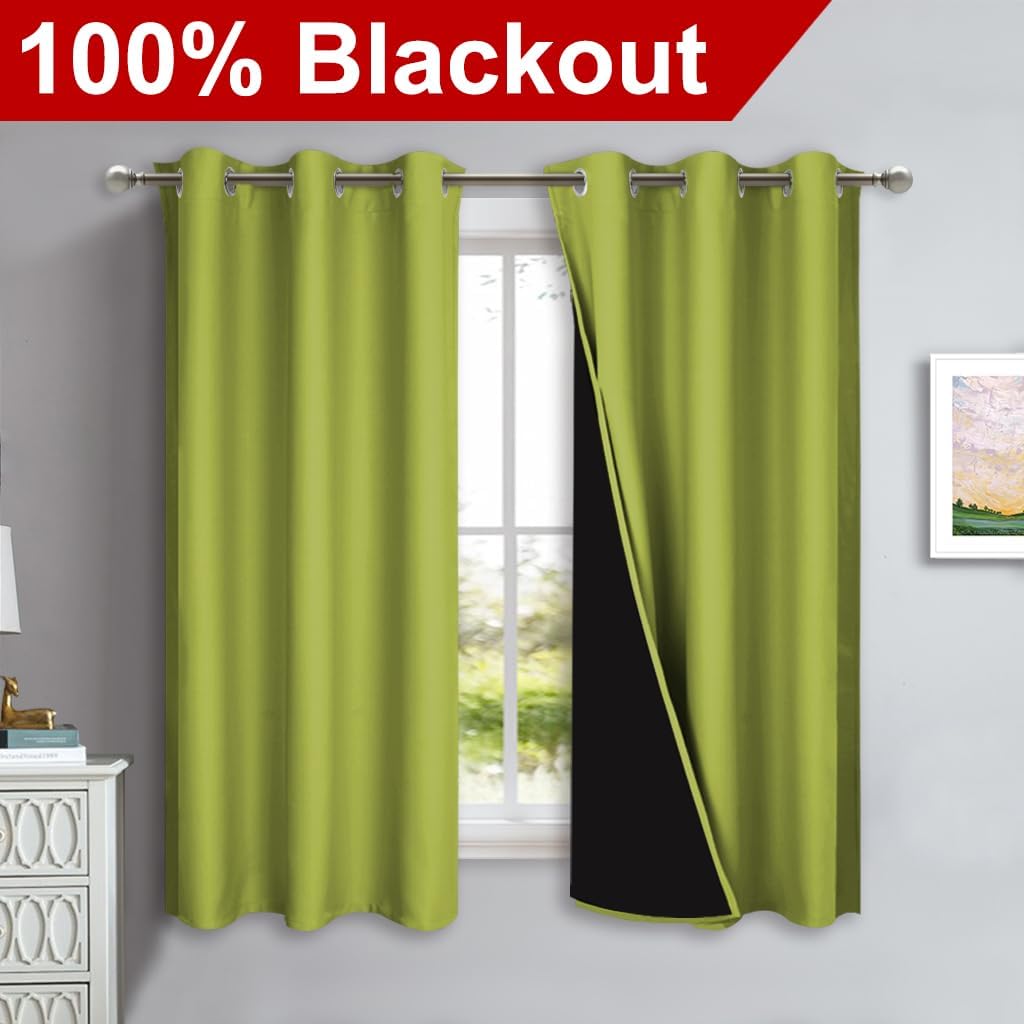 NICETOWN 100% Blackout Curtains 54 inches Long, Fresh Green, 1 Pair, 42 inches Width Each Panel, Double-Deck Completely Blackout Window Treatment Thermal Insulated Lined Drapes for Small Window