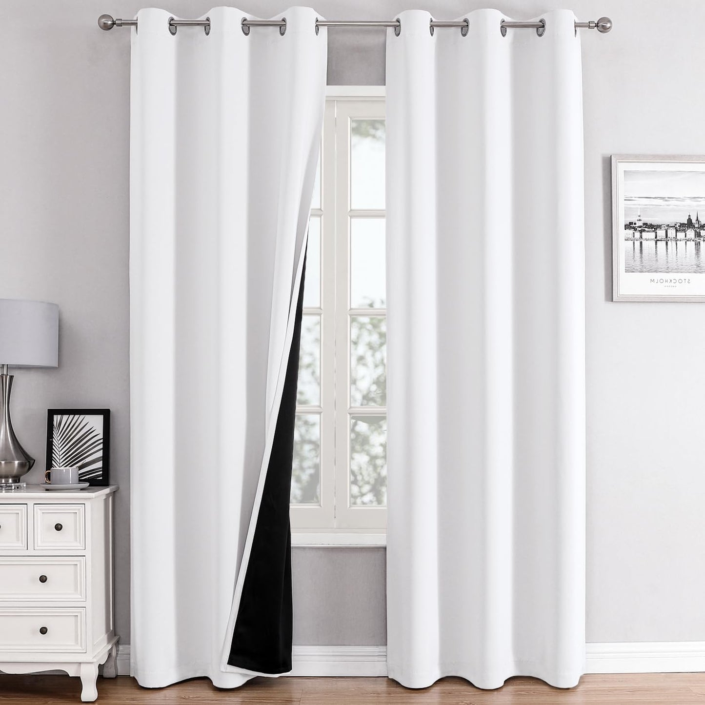 ChrisDowa White 100% Blackout Curtains for Bedroom with Black Liner, 2 Thick Layers Total Blackout Thermal Insulated Grommet Window Curtains 2 Panels Set (Pure White, 42 x 84 Inch)