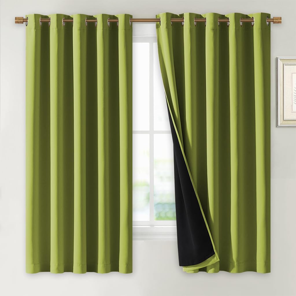 NICETOWN 100% Blackout Lined Curtains, Fresh Green, 1 Pair, 70" Width x 63" Length Each Panel, 2 Thick Layers Completely Blackout Window Treatment Thermal Insulated Drapes for Kitchen/Bedroom