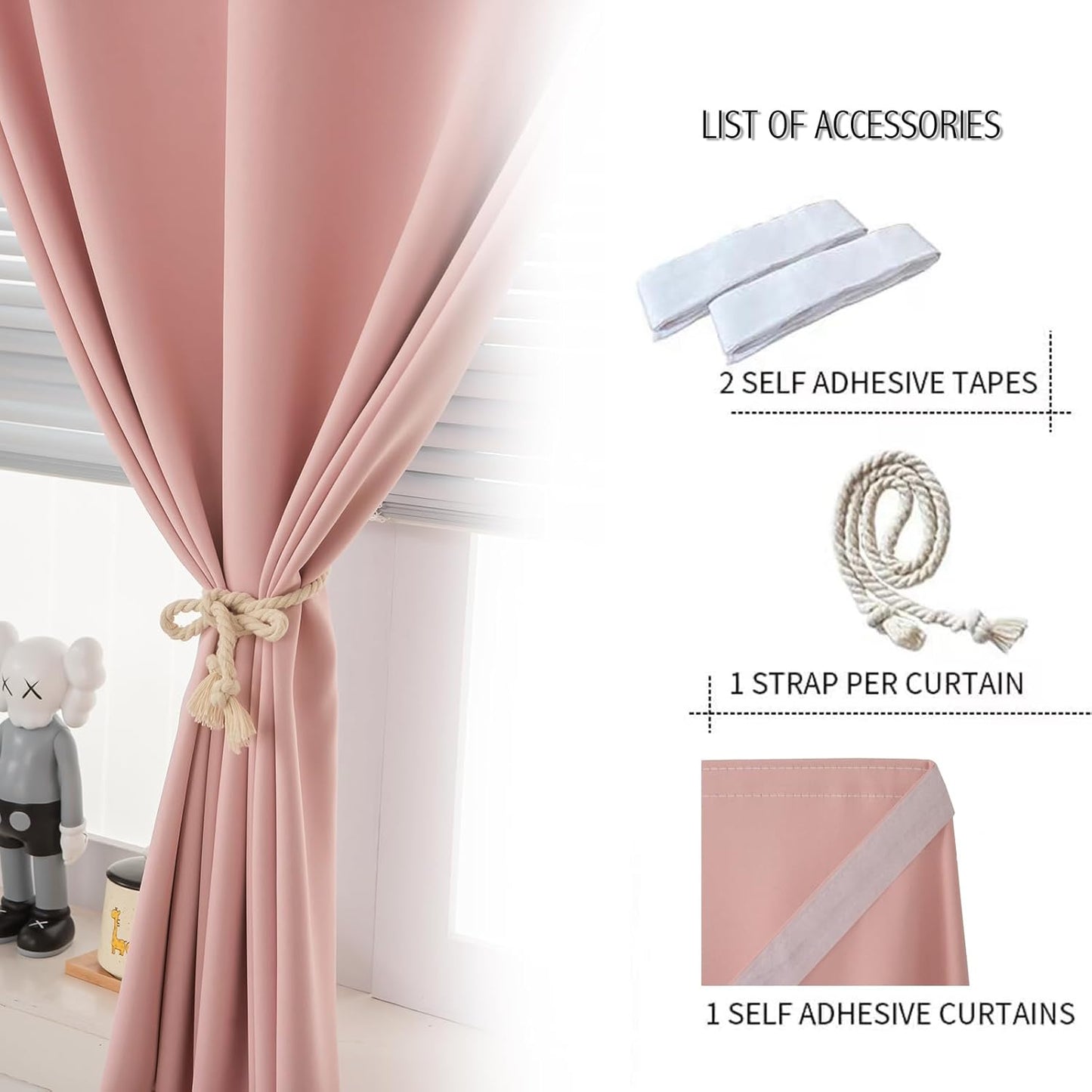 Self Adhesive Blackout Curtains- Stick on Curtains Shades Window Blinds Curtains No Rod Needed Easy to Hang Curtain, Use for Bedroom, Living Room,Roman Shades, 47" W X 71" L, Pink, 1 Panel