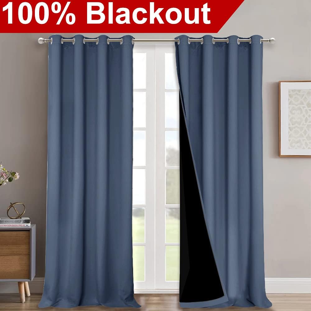 NICETOWN 100% Blackout Blinds, Set of 2, 46" x 102", Stone Blue, Laundry Room Decor Window Treatment Curtains for Large Patio Sliding Door, Thermal Insulated Curtains for Bedroom